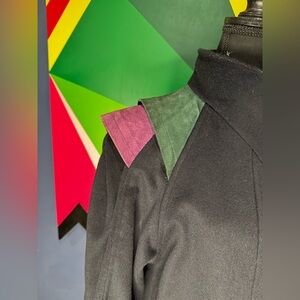 Vintage 1980s Black Wool Coat with Colorblock Suede Shoulder Detail